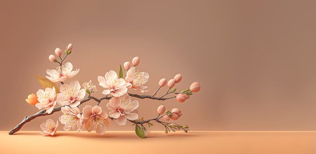 Close up of sakura flowers branch on a sunny day. Cherry blossom flowers. Generative AI.の素材