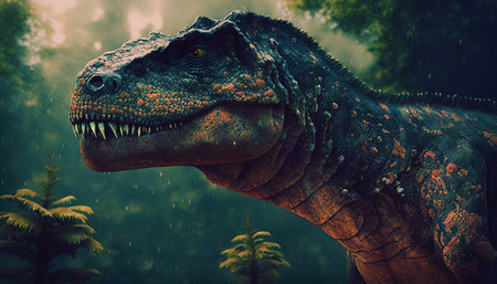 Closeup on head with sharp teeth of carnivorous dinosaur. Prehistoric predator. Generative AI.の素材