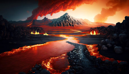 Lava filed in front of volcano eruption. Lava flow down the slopes. Smoke rises in night sky. Generative AI.の素材