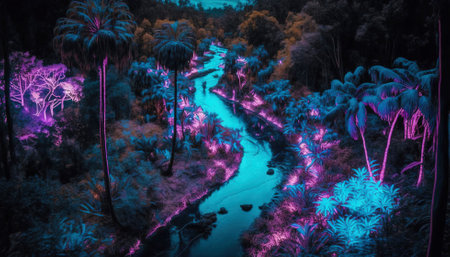 Tropical jungle in vibrant gradient neon colors. Synthwave rain forest. Generative AI.の素材