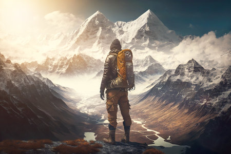 Explorer stand in front of high mountain peak landscape. Bright sun shine. Generative AI.の素材