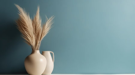 Vase with decorative plant branch against blue wall background. Minimalist interior mockup. Generative AI.の素材