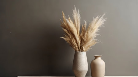 Vase with decorative plant branch against gray wall background. Minimalist interior mockup. Generative AI.の素材