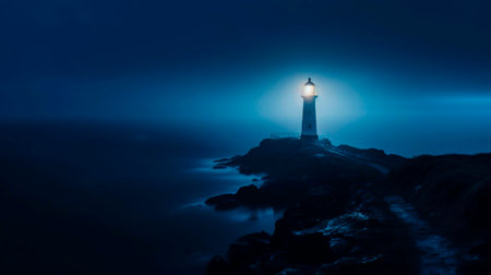 Lighthouse on a cliff edge in stormy and misty weather. Night landscape. Generative AI.の素材
