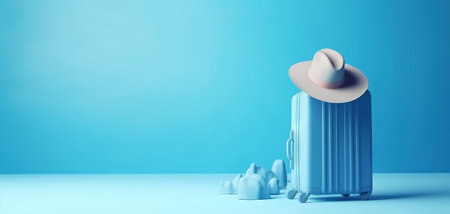 Blue travel suitcase with wheels, straw hat, on uniform blue background. Trip concept. Generative AI.の素材