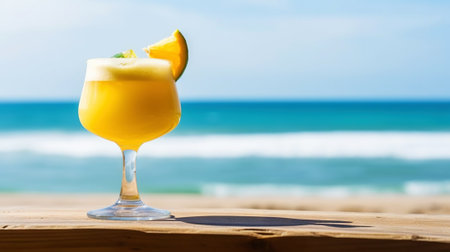 Mexican Bulldog cocktail on background with blue sea and sky tropical background. Generative AI.の素材