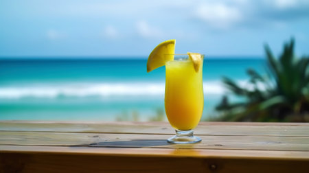 Electric Lemonade cocktail on background with blue sea and sky tropical background. Generative AI.の素材
