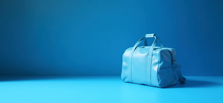Blue travel suitcase, on blue background. Trip concept. Generative AI.の素材