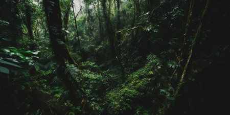 Deep tropical jungles. Dense forest landscape. Generative AI.の素材