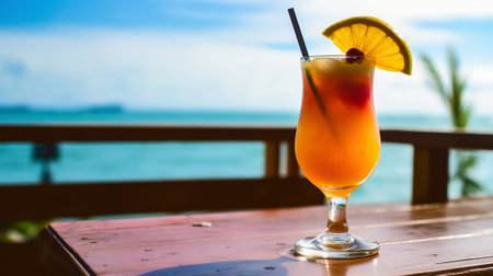 Dirty Monkey cocktail on background with blue sea and sky tropical background. Generative AI.の素材
