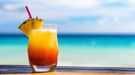 Mai Tai cocktail on background with blue sea and sky tropical background. Generative AI.の素材