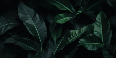 closeup nature view of green leaf and palms background. Flat lay, dark nature concept, tropical leaf. Generative AI.の素材