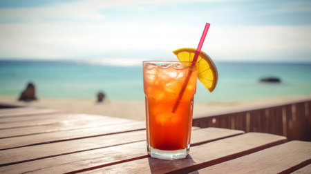 Long Island Iced Tea cocktail on background with blue sea and sky tropical background. Generative AI.の素材