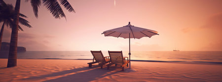 Two beach chair and umbrella on beautiful beach on sunset. Travel paradise concept. Generative AI.の素材