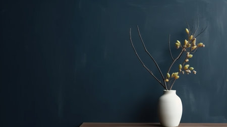 Vase with decorative plant branch against dark blue wall background. Minimalist interior mockup. Generative AI.の素材