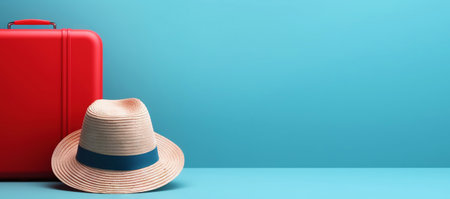 Red travel suitcase with straw hat, on blue background. Trip concept. Generative AI.の素材