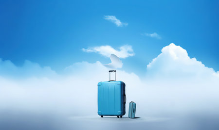 Blue travel suitcase with wheels, on blue background with clouds. Trip concept. Generative AI.の素材