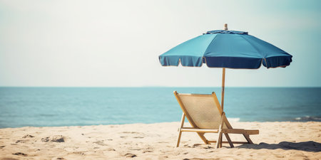 Beach chair and umbrella on beautiful beach. Travel paradise concept. Generative AI.の素材