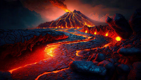 Lava filed in front of volcano eruption. Lava flow down the slopes. Smoke rises in night sky. Generative AI.の素材