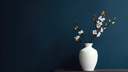 Vase with decorative plant branch against dark blue wall background. Minimalist interior mockup. Generative AI.の素材