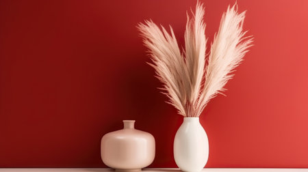 Vase with decorative plant branch against red wall background. Minimalist interior mockup. Generative AI.の素材