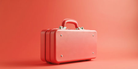 Red travel suitcase, on red background. Trip concept. Generative AI.の素材