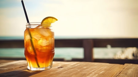 Long Island Iced Tea cocktail on background with blue sea and sky tropical background. Generative AI.の素材
