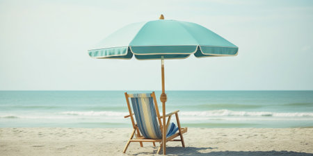 Beach chair and umbrella on beautiful beach. Travel paradise concept. Generative AI.の素材