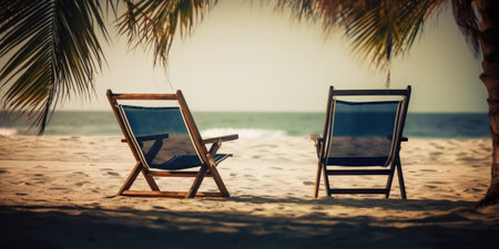 Two beach chair on beautiful tropical beach. Travel paradise concept. Generative AI.の素材