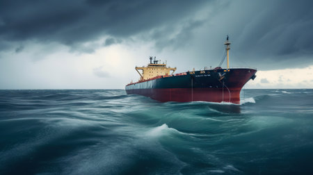 Low angle view on huge fuel tanker ship in the sea. Generative AI.の素材