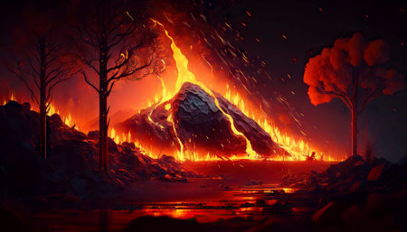 Forest on fire by magma from volcano eruption. Smoke rises in night sky. Generative AI.の素材