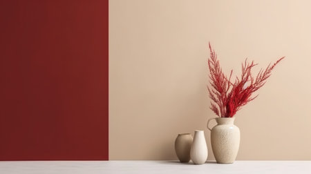 Vase with decorative plant branch against red and beige wall background. Minimalist interior mockup. Generative AI.の素材
