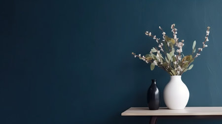 Vase with decorative plant branch against dark blue wall background. Minimalist interior mockup. Generative AI.の素材