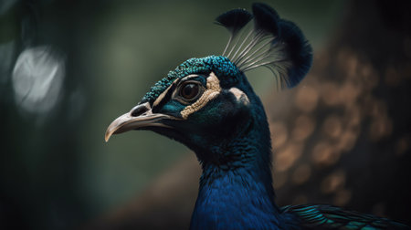 Close up photo of Peafowl bird on forest background. Generative AI.の素材