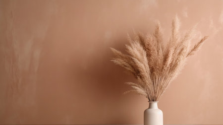 Vase with decorative dry plant branch against beige wall background. Minimalist interior mockup. Generative AI.の素材