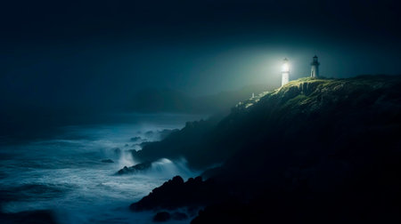 Lighthouse on a cliff edge in stormy and misty weather. Night landscape. Generative AI.の素材