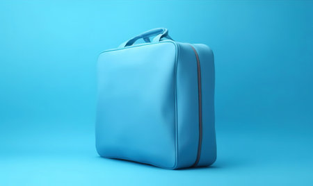 Blue travel suitcase, on blue background. Trip concept. Generative AI.の素材