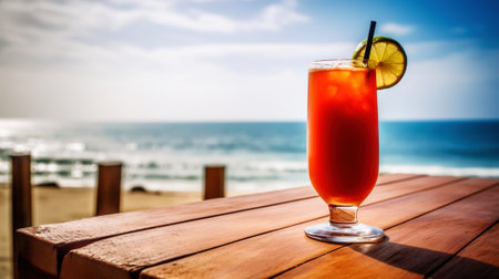 Michelada cocktail on background with blue sea and sky tropical background. Generative AI.の素材