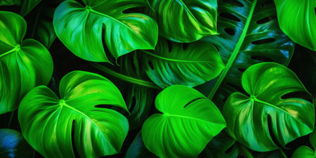 closeup nature view of green leaf and palms background. Flat lay, dark nature concept, tropical leaf. Generative AI.の素材