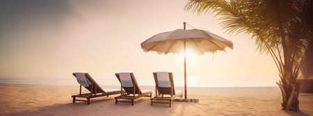 Two beach chair and umbrella on beautiful beach on sunset. Travel paradise concept. Generative AI.の素材