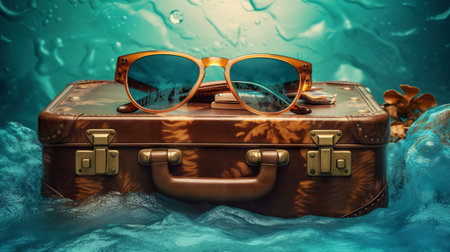 Suitcase with sunglasses with sea water background. Travel concept. Generative AI.の素材