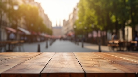 Wood table mockup with Paris city street in shallow depth of field. Copy space for product. Generative AI.の素材