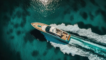 Top view on speed boat in paradise turquoise ocean water. Generative AI.の素材