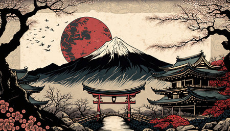 Abstract landscape with mountains and rising sun in japanese style. Generative AI.の素材