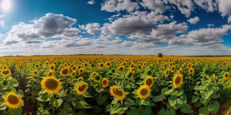Panoramic field of sunflowers with blue sky on sunny day. Generative AI.の素材