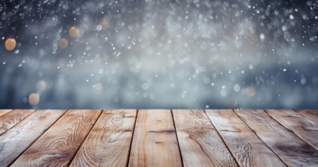 Wood table mockup with falling snow on background. Empty copy space for product presentation. Generative AI.の素材