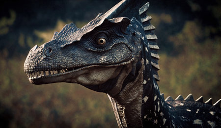 Closeup on head with sharp teeth of carnivorous dinosaur. Prehistoric predator. Generative AI.の素材