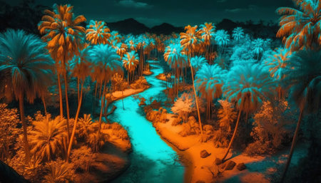 Tropical jungle in vibrant gradient neon colors. Synthwave rain forest. Generative AI.の素材