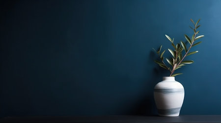 Vase with decorative plant branch against dark blue wall background. Minimalist interior mockup. Generative AI.の素材