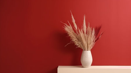 Vase with decorative plant branch against red wall background. Minimalist interior mockup. Generative AI.の素材
